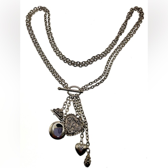 Source Unknown Jewelry - Silver Tone Double Chain Necklace Choker with Dangling Charms and Locket